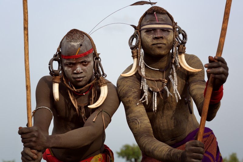 Mursi warriors, Ethiopia